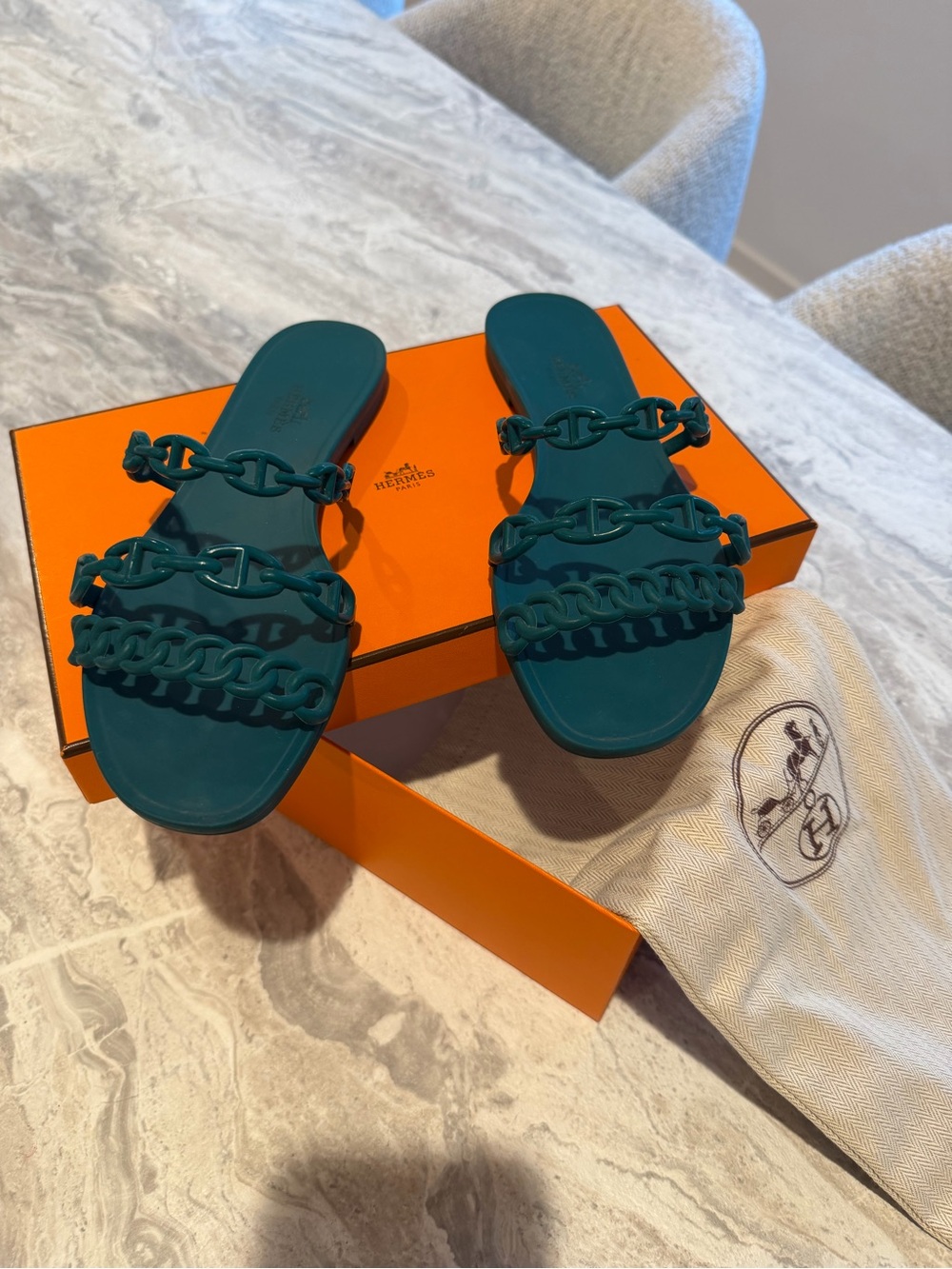 Hermès Rivage Teal Chain Strap Slides 37 - Picture 2 of 11